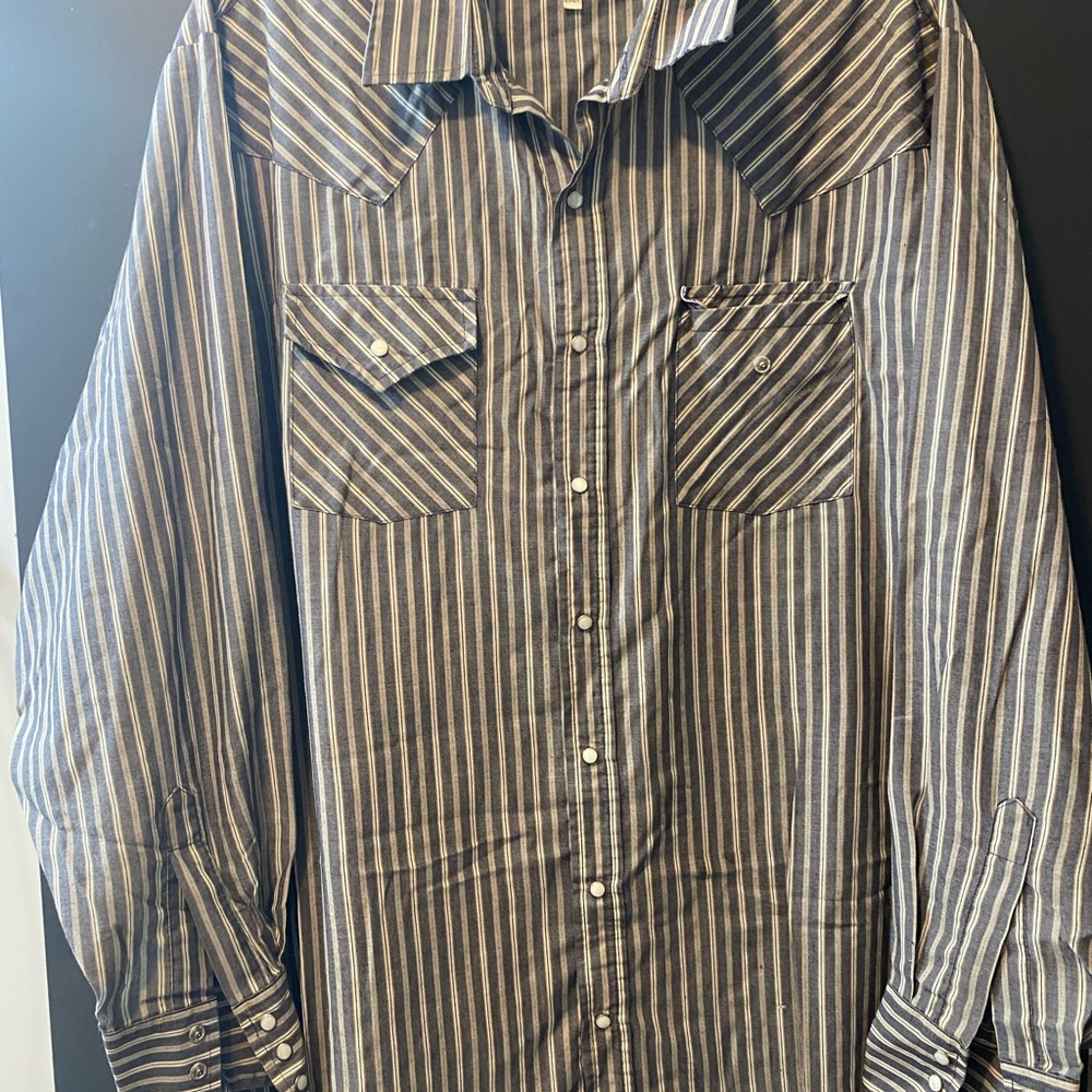 Ely Cattleman Striped Denim and Gray pearl snap work shirt